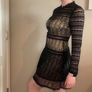 Lace Mock Neck Sheer Back Keyhole Dress